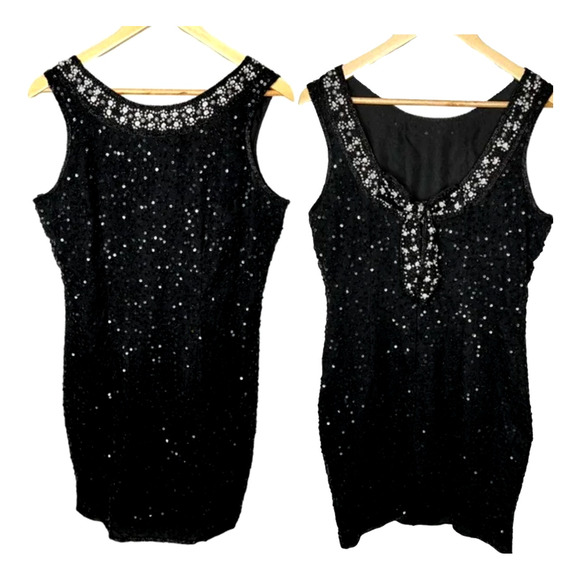 VINTAGE 1970s Stenay 8 Beaded Pearls Sequins Sleeveless Dress 100% Silk Black - Picture 2 of 8